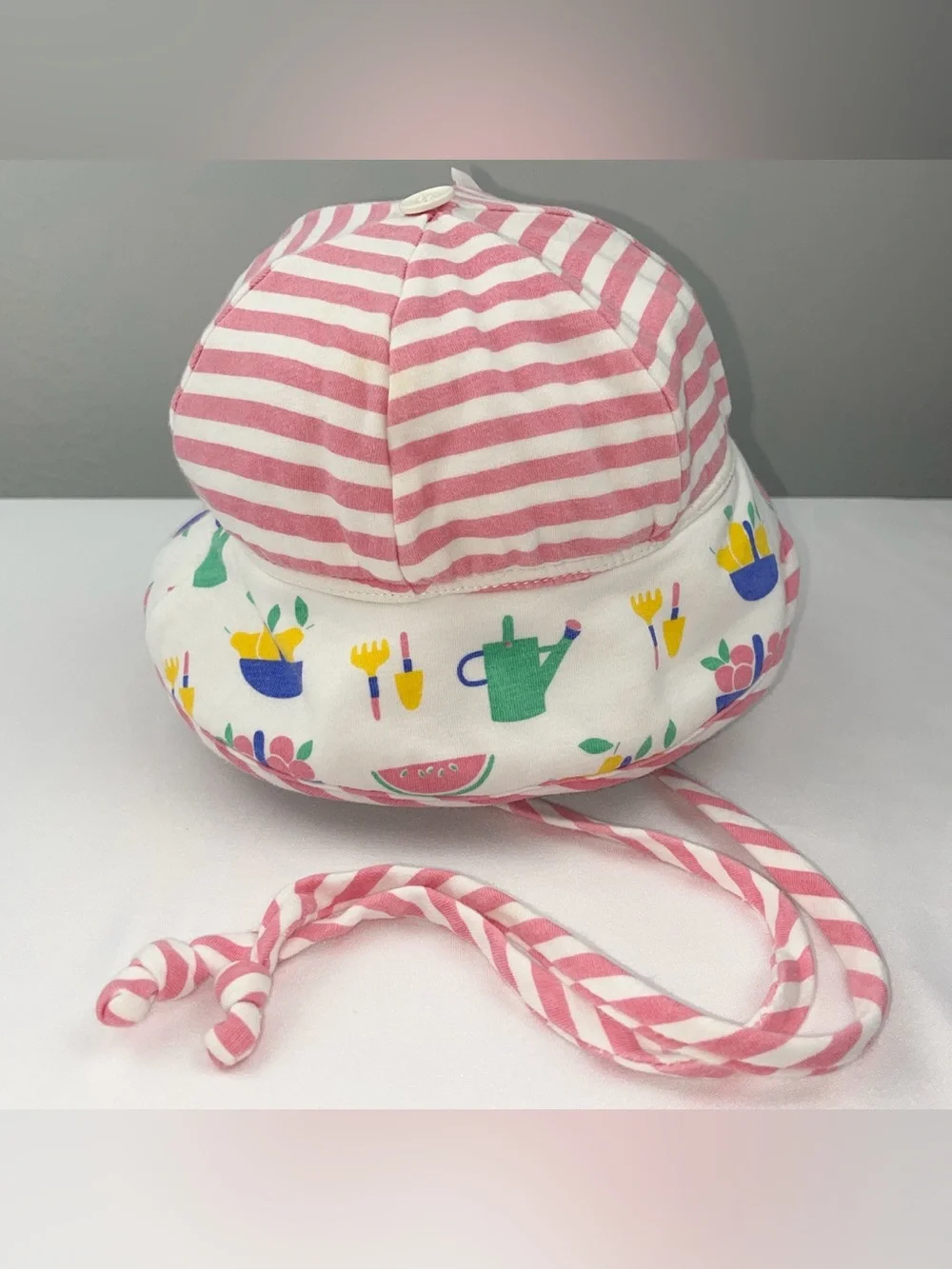 90s Marimekko Cotton Fruit Print Vintage Finnish Striped Bucket Sun Hat Infant